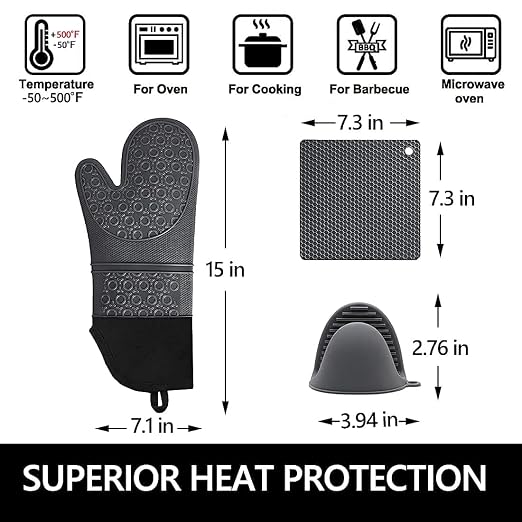 6pcs Silicone Oven Mitts and Pot Holders Sets for Kitchen, Gray | 500°F heat resistant, cotton lining, honeycomb non-slip texture, 15-inch forearm protection, baking cooking gloves