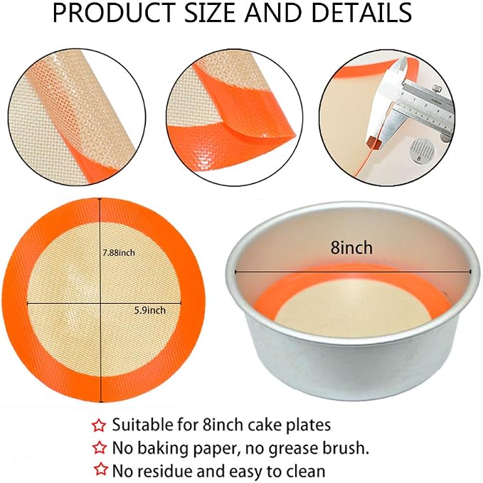 Round Silicone Baking Mats for 8 Inch Cake Pan, Food Grade, Non-Stick, Reusable Silicone Mat for Baking Pan for Bread/Tortilla/Macaron/Pastry/Pie/Bun or 9 Inch Pizza Pan, 2PCS
