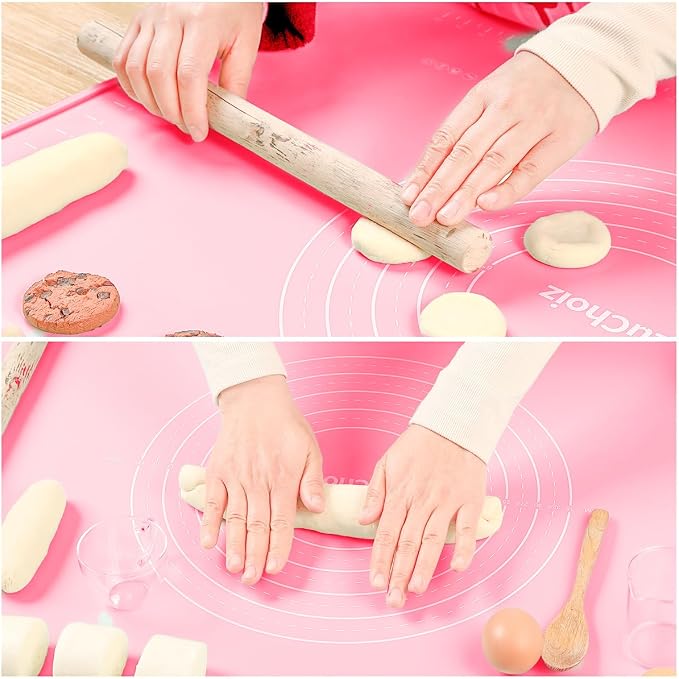 Silicone Pastry Mat 24"*16" Extra Thick Non Stick Baking Mat Food Grade Silicone Dough Rolling Bake Mat with Edge Heightening Pink