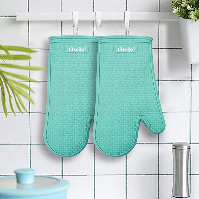 Alselo Silicone Oven Mitts Set, Heat Resistant 550 Degree,7.5"x12" | Kitchen Mittens,Waterproof & Non-Silp Oven gloves for Baking Cooking Barbecue Microwave & Machine Washable(Blue, 2)