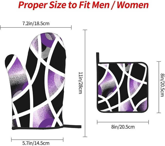 3-Piece Purple Black Abstract Geometric Oven Mitts and Pot Holders Set, Heat Resistant Modern Art Kitchen Gloves Hot Pads for Baking Cooking Grilling, Chef Gifts for Cooking Lovers, Home Decor, Purple