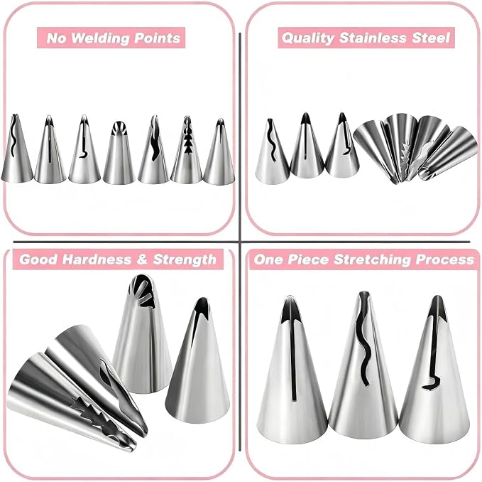 10Pcs Pleated Skirt Ruffle Piping Tips, 304 Stainless Steel Vintage Nozzles with Coupler, Cleaning Brush & Reusable Silicone Piping Bags for Cupcakes, Cookies & Pastry