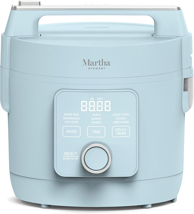 Martha Stewart 8 Cup Cooked (4 Cup Uncooked) Rice Cooker & Steamer, Blue | PFAS-Free Ceramic Nonstick Removable Pot, 9 Modes, Keep Warm, Steamer, White & Brown Rice, Quinoa, Grains, Oats, Easy Clean