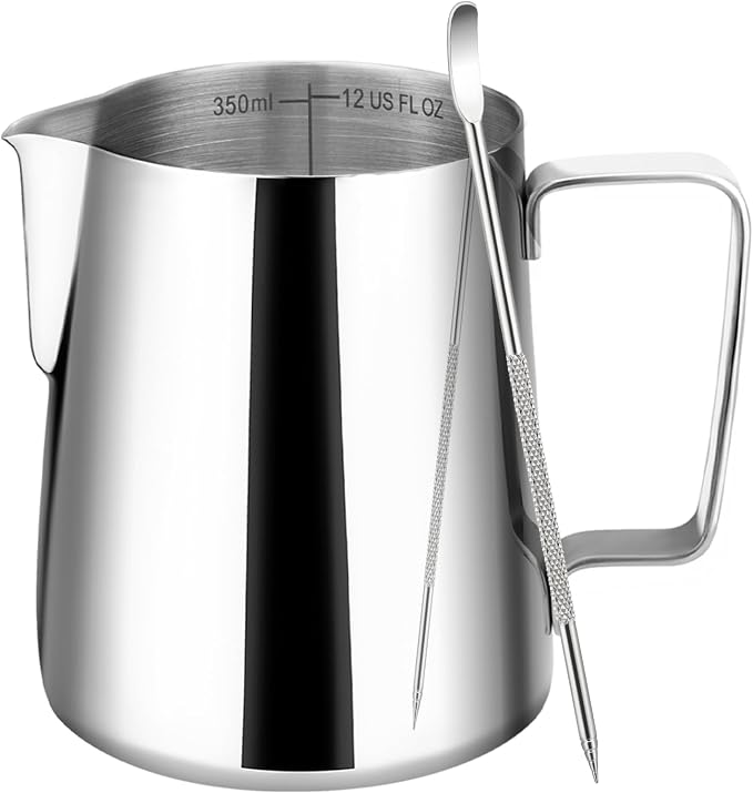 Amrules Milk Frothing Pitcher 12oz Frother Cup Barista Tools, Silver | 18/8 Stainless Steel, 12oz Capacity with Clear Scale, with Decorating Pen, Ergonomic Handle, for Cappuccino, Latte & Espresso