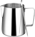 Amrules Milk Frothing Pitcher 12oz Frother Cup Barista Tools, Silver | 18/8 Stainless Steel, 12oz Capacity with Clear Scale, with Decorating Pen, Ergonomic Handle, for Cappuccino, Latte & Espresso
