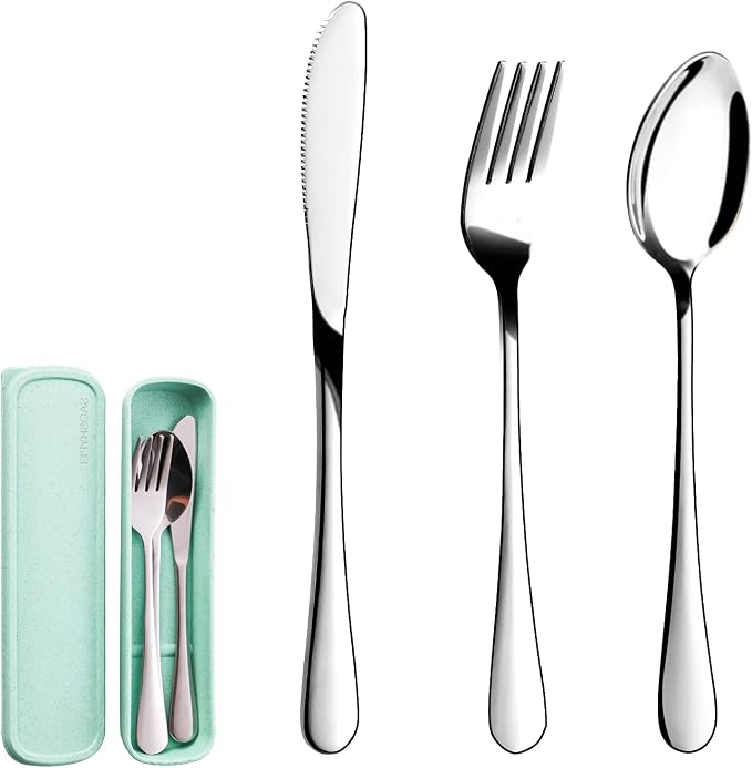 SAOSHYPEI Portable Cutlery Set with Case, 4-Piece Stainless Steel, Silver | Reusable fork, spoon and knife set for work lunch, lunch bags, picnic, camping and travel; dishwasher safe.