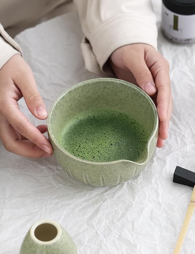TANG PIN Matcha Set - Match Bowl and Whisk, 15 OZ Matcha Whisk Set | Matcha Scoop | Matcha Whisk Stand (Chasen Holder) - 5pc Perfect Matcha Kit for Matcha Tea Ceremony (Mottled Green)