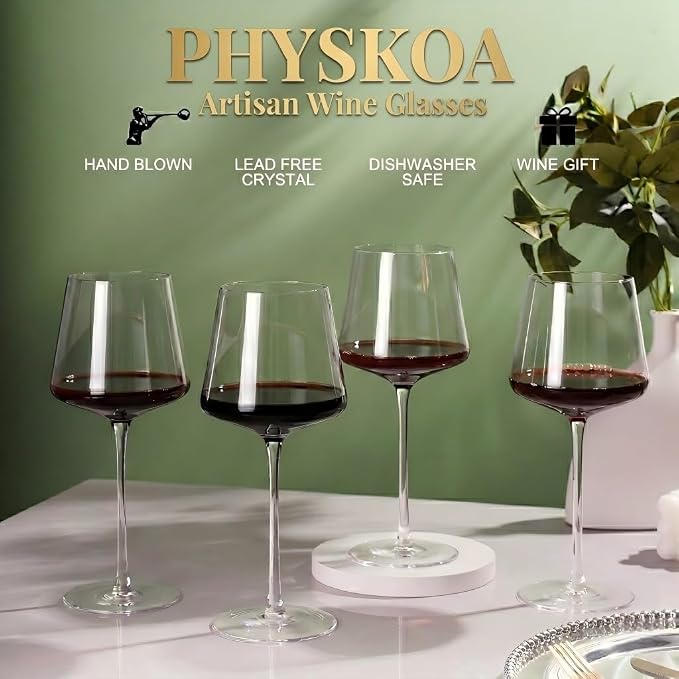 Physkoa 18OZ Red Wine Glasses Set of 4-LeadFree Crystal Wine Glass with Tall Long Stem【Hand Blown Italian Style】 Stemmed Square Wine Glasses Gifts for Home Party