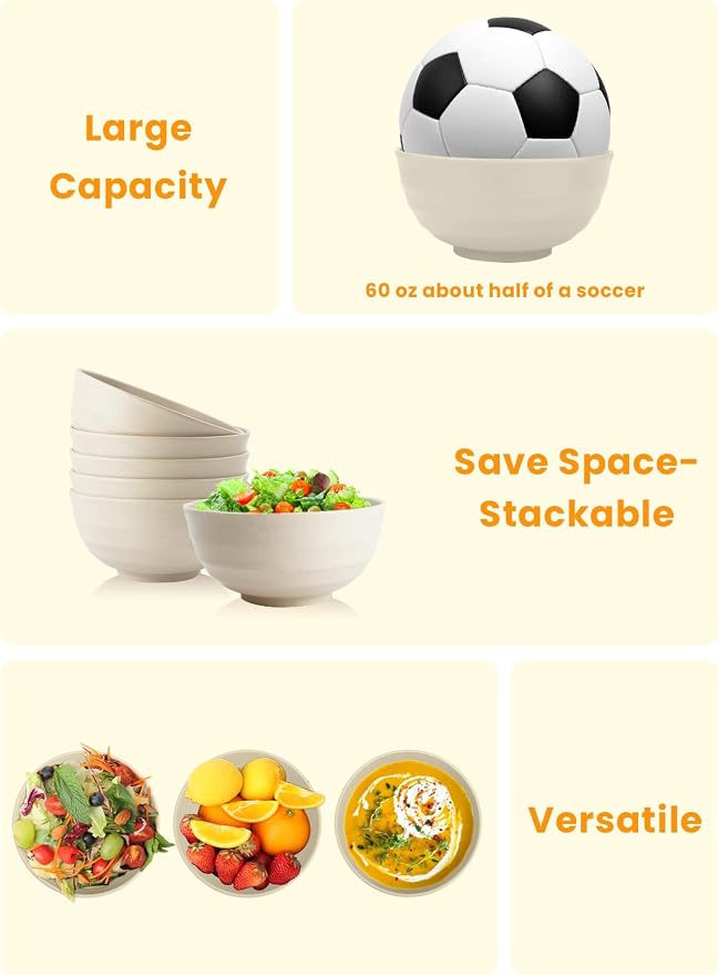 Unbreakable Large Salad Bowls Set of 6, 60oz Large Wheat Straw Bowls for Cereal, Salad & Pho, Ideal for RV & Camping, Microwave Safe Alternative to Plastic Bowls - Beige
