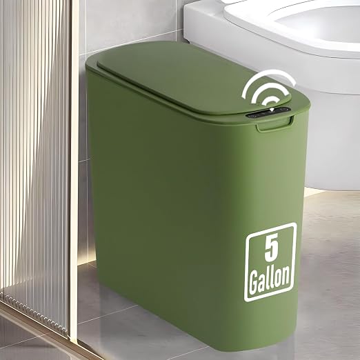 TIPGO 5 Gallon Automatic Bathroom Trash Can with Lid, Green, Touchless | Motion Sensor, Slim Smart Garbage Bin, Plastic Wastebasket, Battery Operated, Manual Button, for Bedroom, Office,RV