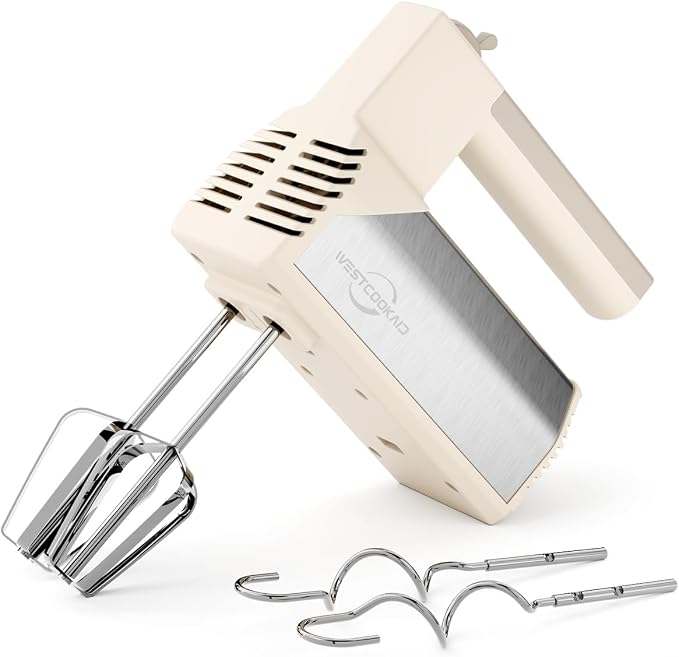 Hand Mixer Electric Handheld, 5-Speed 200W Portable Mixer Beige | WESTCOOKAID Electric Hand Mixer with Dough Hooks, Turbo Ultra Power+Eject Button, Perfect for Cakes, Eggs and Baking, Beige