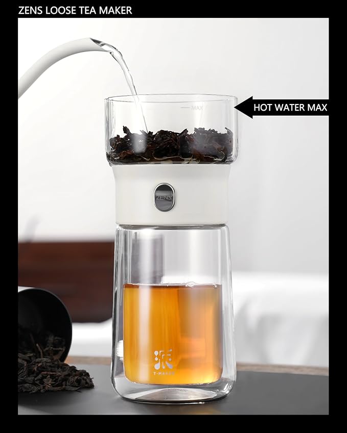 ZENS Modern Glass Infuser Pot, One Touch Tea Maker for Loose Leaf Tea | Glass Teapot with Infuser, Magic Tea Infuser with 6.7oz Insulated Mug and Portable Case for Tea Lovers Gifts