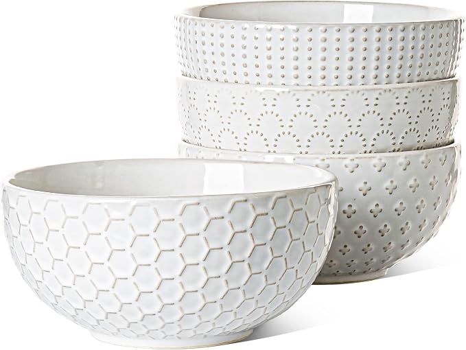 LE TAUCI Large Soup Bowl 42 OZ, Ceramic Kitchen Bowl Set for Soup, Pho, Chip, Pasta, Fruits, Salad, Noodle and Ramen- 7 Inch, Set of 4, Arctic white