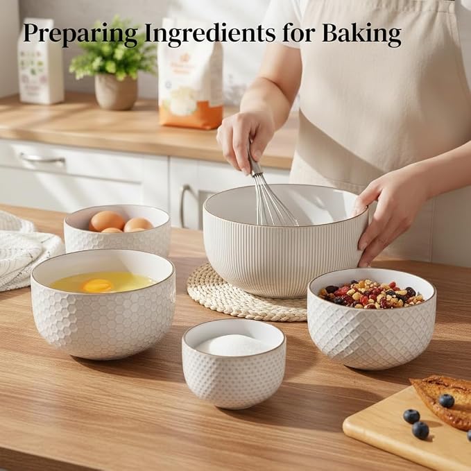 GBhome Ceramic Mixing Bowls Set of 4, Stoneware Nesting Serving Bowls | 150/105/45/20 oz For Prep, Baking, Serving, Gift, Microwave and Dishwasher Safe, Embossed Dishware Collection-Off White