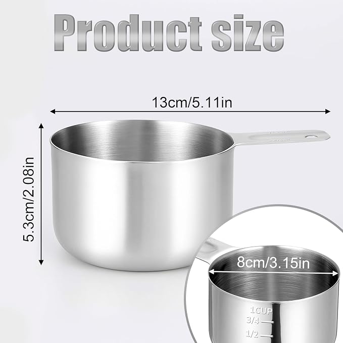 1 Cup Measuring Cup(8 oz | 240 ml) Stainless Steel Rice Cup, Metal One Cups Scoop Single Measure Cups, Kitchen Gadgets for Cooking, Baking, Laundry Detergent, Wet and Dry Ingredients