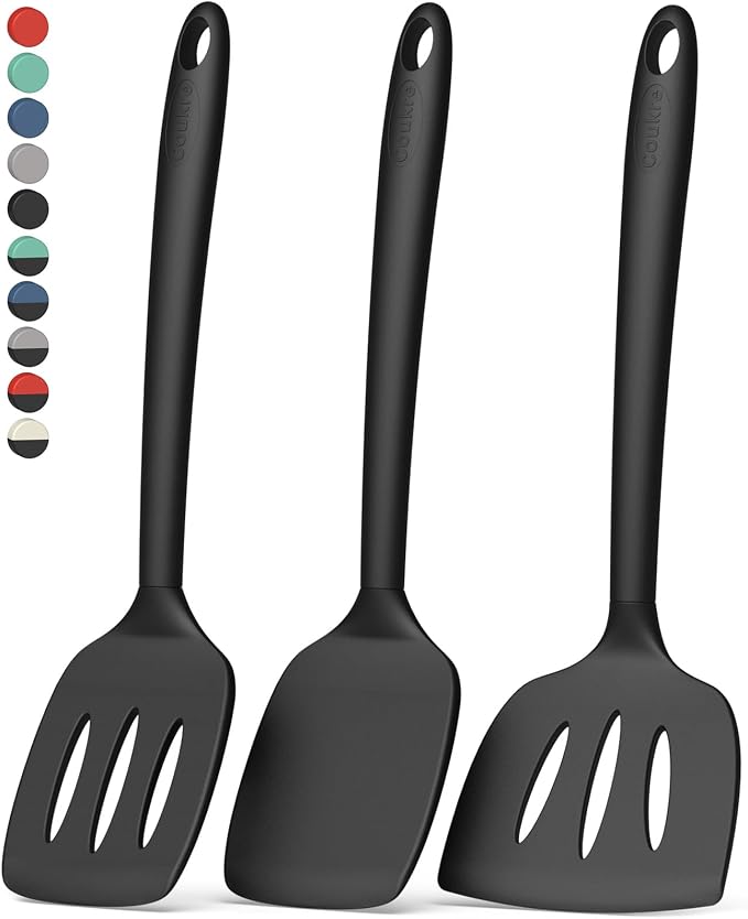 Coukre 3 Pack Silicone Spatula Set, Heat Resistant to 500°F, BPA-Free | Fish Spatula, Solid & Slotted Turners, Dishwasher Safe, Spatula Set for Eggs, Pancakes, Fish & Burgers, PureBlack