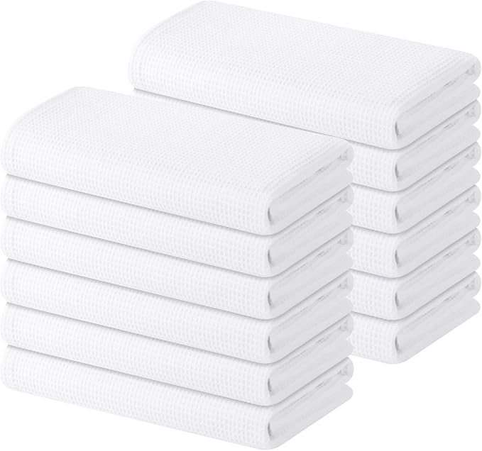 Homaxy 100% Cotton Waffle Weave Kitchen Towels, 12 Pack, White | Soft and Absorbent Dish Towels, 16 x 26 Inches Quick Dry Hand Towels