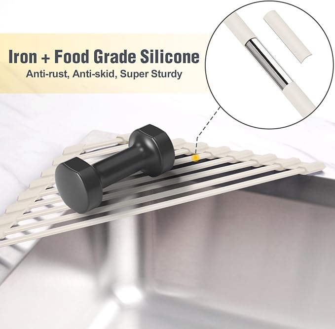 Tomorotec Triangle Roll Up Dish Drying Rack with Silicone Coating, White | 304 Stainless Steel with BPA-Free Silicone, Triangle Design Maximizes Sink Corner Space, Fits Compact Kitchens And RVs