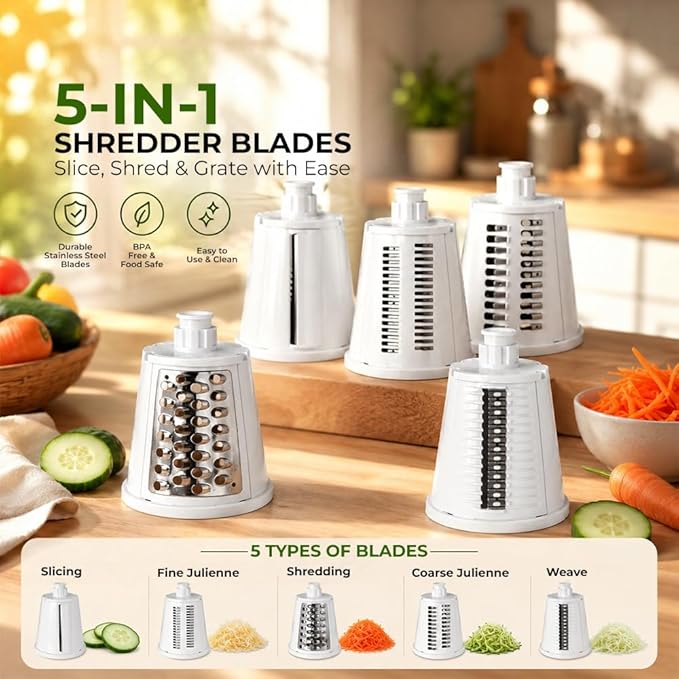 Rotary Cheese Grater with Hand Crank - Cheese Shredder with 5 Interchangeable Stainless Steel Blades, Suction Base & Ergonomic Handle | Vegetable Slicer, Food Grater for Cheese, Nuts & Chocolate