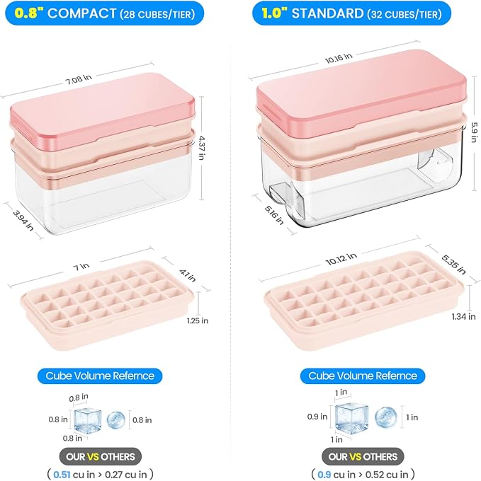 1" Ice Cube Tray with Lid and Bin, Easy Release 64 Cubes for Freezer | Food-grade BPA-free PP and ABS. 1" x 64pcs ice cubes for fruit whiskey, cocktails. Space-saving, stackable with scoop