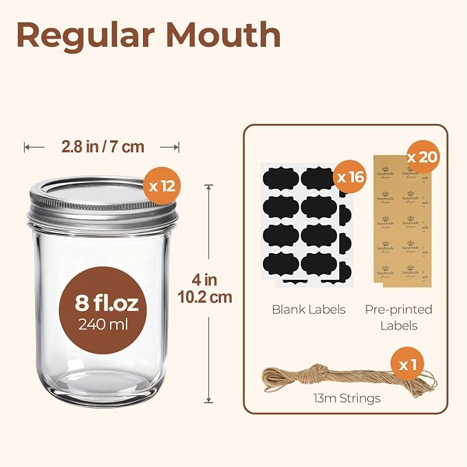 ComSaf 8 oz Mason Jars Bulk Set, 12 Pack Small Regular Mouth Jars with Lids | BPA-Free Materials, Half-Pint Portions, Small Jam, Jelly, Honey Sample, Spice Rack, DIY Candles, For Big Canning Project