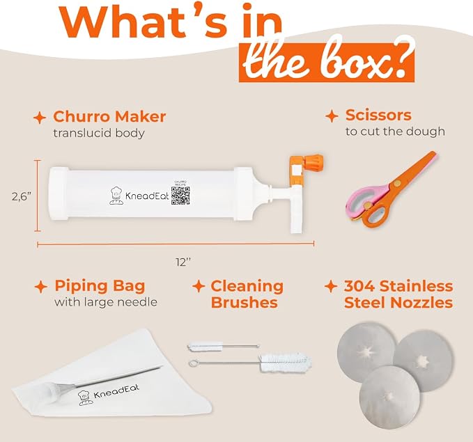Churro Maker Kit, Booster-Powered Handle, Filler Needle, 3 Nozzles | QR recipe guide, 304 stainless steel nozzle, homemade filled churros, sweet fillings, easy shaping, family cooking activity