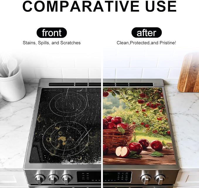 Farmhouse Apple Stove Top Cover 28x20 Inch Decorative Kitchen Cover | Heat Resistant Cooktop Protector Mat with Non-Slip Backing, Scratch Protection and Countertop Drying Mat.