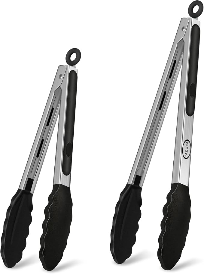 Stainless Steel Kitchen Tongs with Silicone Tips, Locking Grilling Food Tongs, 9" and 12", Set of 2 Black