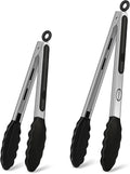 Stainless Steel Kitchen Tongs with Silicone Tips, Locking Grilling Food Tongs, 9" and 12", Set of 2 Black