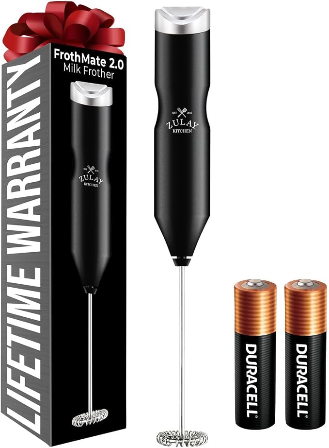 Zulay Kitchen Powerful Frother Wand AA Batteries Included, Ultra Fast Handheld Drink Mixer, Comfort Milk Frother, Stainless Steel Whisker, Frother Handheld for Coffee, Protein & Matcha - Frothmate 2.0