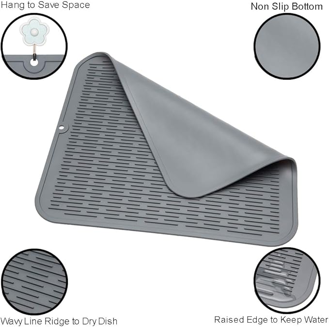 ZLR 2 Pcs Heavy-Duty Silicone Dish Drying Mat (16" x 18" / 401x455mm) - XL Family-Size Thick 5mm Drainboard for Pots, Pans & Heavy Cookware - Oversized Trivet & Counter Protector, Non-Slip (Dark Gray)