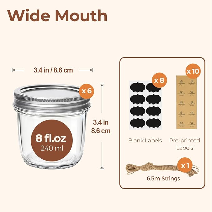 ComSaf 8 oz Wide Mouth Mason Jars, 6 Pack Small Half Pint Jars with Lids | BPA-Free, Half-Pint Portion, Chunky Salsa, Overnight Oats, Party Favors, Meal Prep, DIY Candles, Labels and Twine