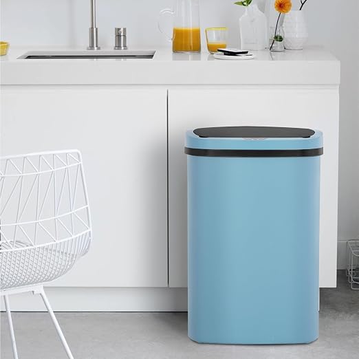 BestOffice | 13 Gallon Plastic Trash Can with Lid | Blue | Automatic Touchless Garbage Can | Odor Control | Modern Oval Design | Easy to Clean | For Kitchen, Bathroom, Office or Home