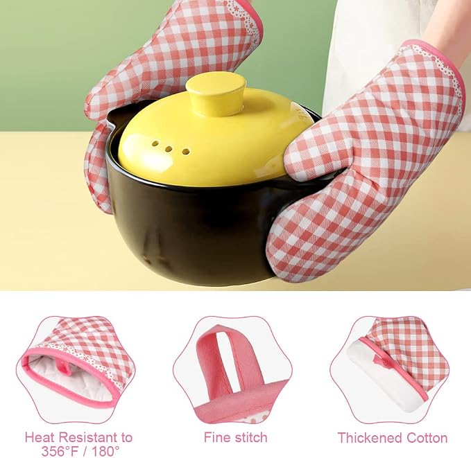 AUAUY Pink Oven Mitts, 1 Pair Kitchen Mittens, 392°F Heat Resistant | Oven Gloves Non-Slip Kitchen Gloves for Oven, BBQ Gloves Oven Mitts Infill Cotton Cooking Gloves for Oven Grilling Baking