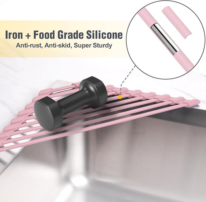 Tomorotec Triangle Roll Up Dish Drying Rack with Silicone Coating, Pink | 304 Stainless Steel with BPA-Free Silicone, Triangle Design Maximizes Sink Corner Space, Fits Compact Kitchens And RVs