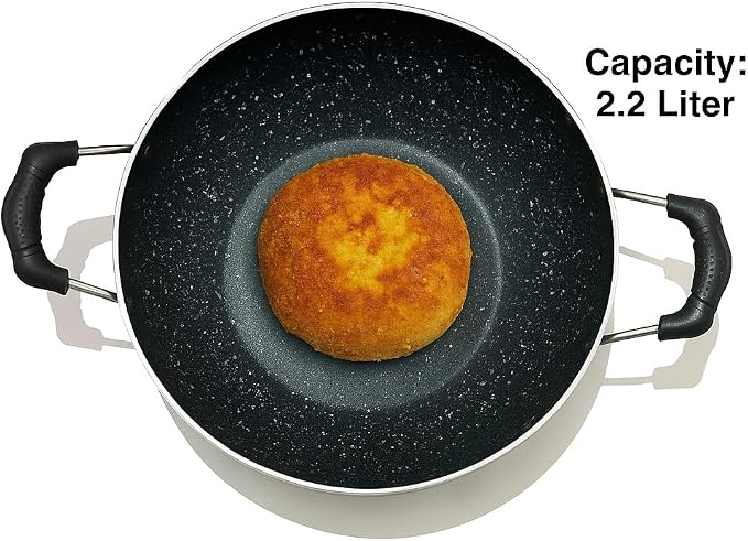 Deep Kadhai Induction Base Non-Stick Kadai with Glass Lid Non Stick Frying Pan Wok Flat Bottom Non Stick All Purpose Pan Non-Stick Aluminium Kadhai Deep Fry Pan (240mm) 2.2Ltr