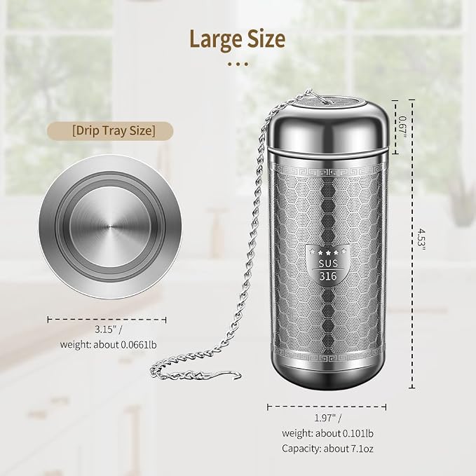 Tea Strainers for Loose Tea, Extra Fine Mesh Tea Infuser, 316 Stainless Steel with Extended Chain Hook, Loose Leaf Tea Steeper for Black Tea, Rooibos, etc (1 Pack - Large)