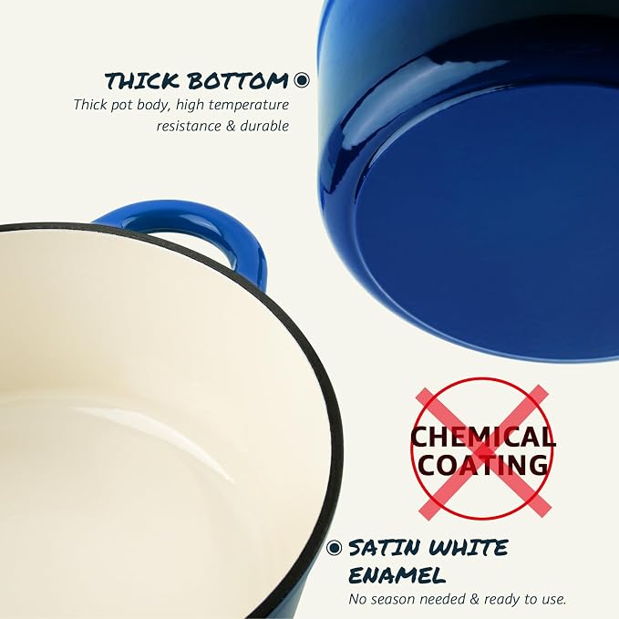 Overmont Enameled Cast Iron Dutch Oven - 4.5QT Pot with Lid Cookbook & Cotton Potholders - Heavy-Duty Cookware for Braising, Stews, Roasting, Sourdough Baking blue