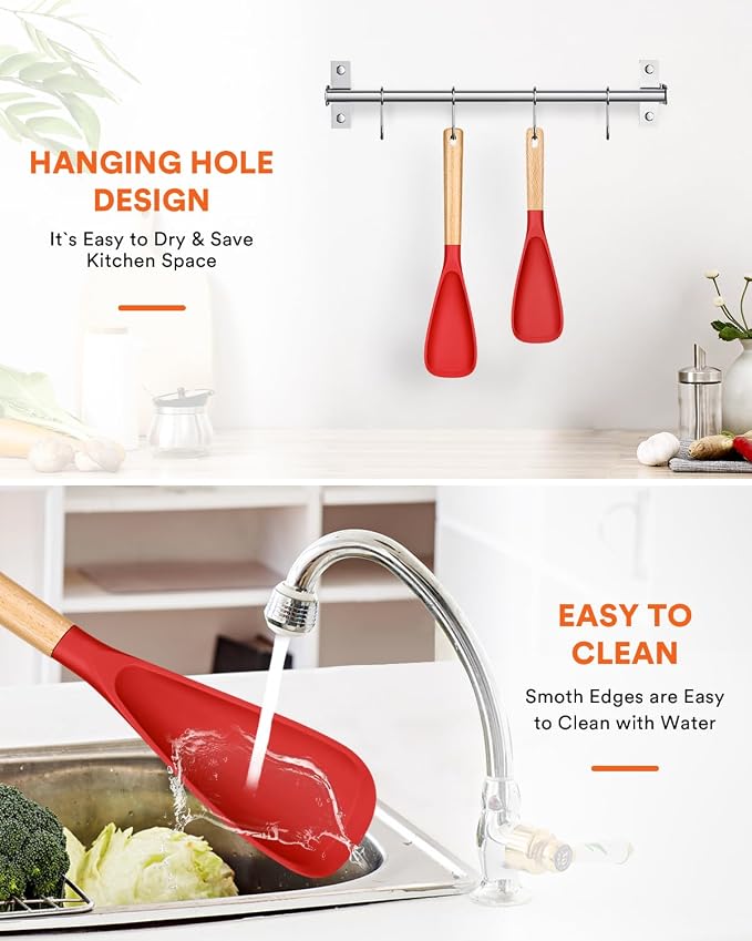 Multifunction Spoon for Nonstick Cookwares, Great for Cooking and Serving, Sturdy BPA-Free Matte Silicone, Wood Handle spoonula for Mixing, Scoop, and Scrape, Red(2 pack,11.4" & 13.4")
