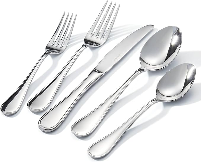 18/10 Stainless Steel Silverware Set for 12, 60 Piece Teardrop Flatware Set | KINGSTONE Heavy Cutlery Set, Mirror Polished Knives Forks and Spoons Utensils, Dishwasher Safe for Home Kitchen Wedding