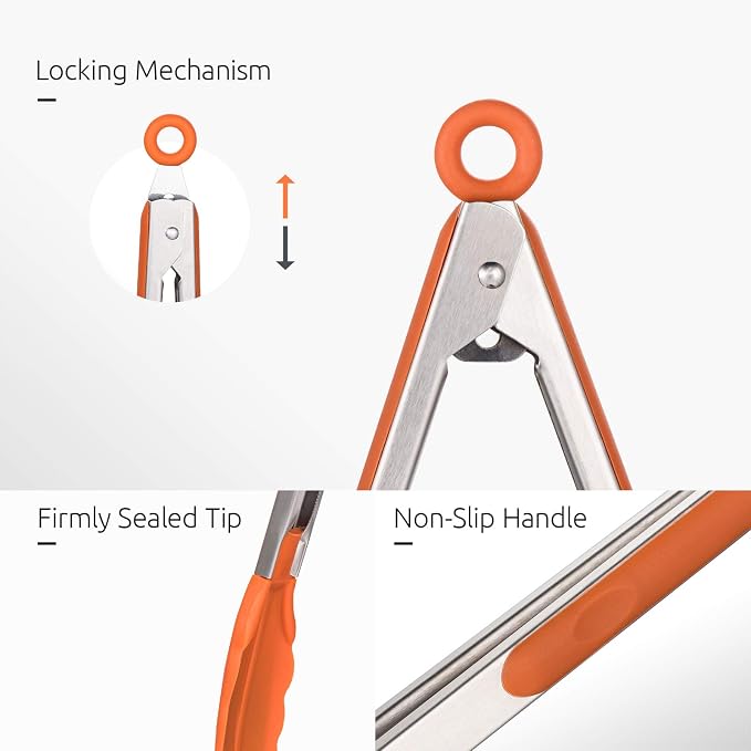 U-Taste Kitchen Tongs for Cooking, 600ºF Heat-Resistant Tps, 3Pcs/Orange | Silicone Tong Set 7/9/12in, Salad/Grill/BBQ Plastic Tongs for Food Serving, Rubber Thong with 18/8 Stainless Steel Handle