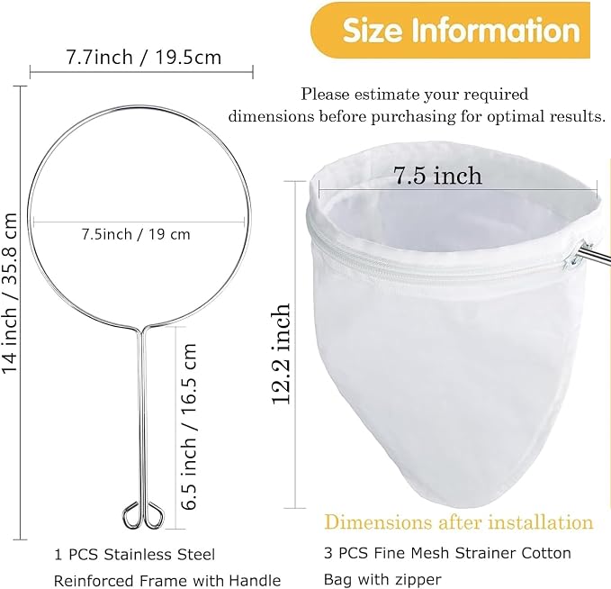 WMKGG Ultra Fine Reusable Filter Bags with Stainless Steel Handle for Nut Milk, Coffee, Milk, Butter, Juices and Fresh Cheese