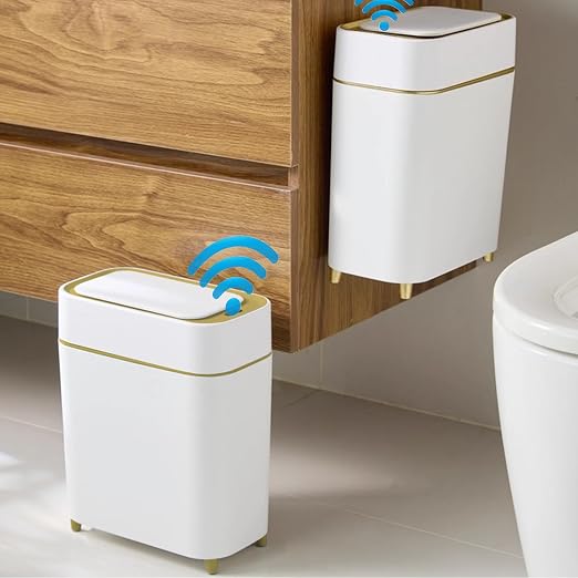 Yatmung Motion Sensor Trash Can Bathroom Automatic Lid - Sensor Garbage Can | Bathroom, Bedroom, Kitchen, Laundry room, Small Spaces - Compact Smart Trash Bin - White with Gold Edge, 1Pack