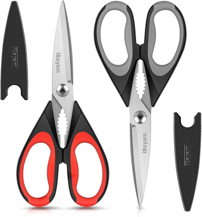 iBayam Kitchen Scissors Shears All Purpose Heavy Duty, Protective Sheath | 2-Pack, Ultra-Sharp Stainless Blades, Soft Comfort-Grip, Dishwasher Safe, Cutting Food Cooking Meat Poultry Kitchen Utensils