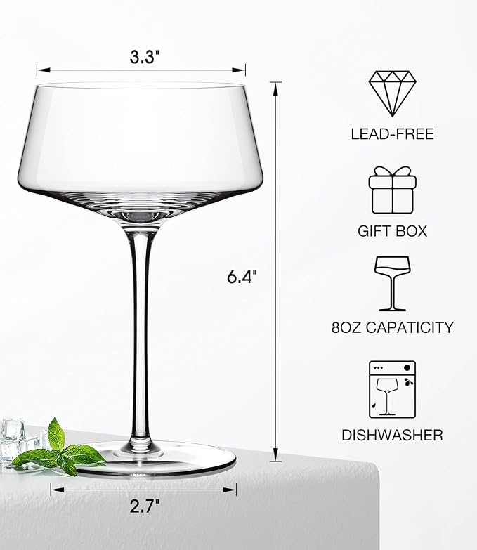 Martini Glasses Set of 6, 8oz, Coupe Cocktail Glasses for Margarita | Manhattan, Cosmopolitan, Espresso, Home Bar, Evening Parties, Birthdays, Housewarming Gift