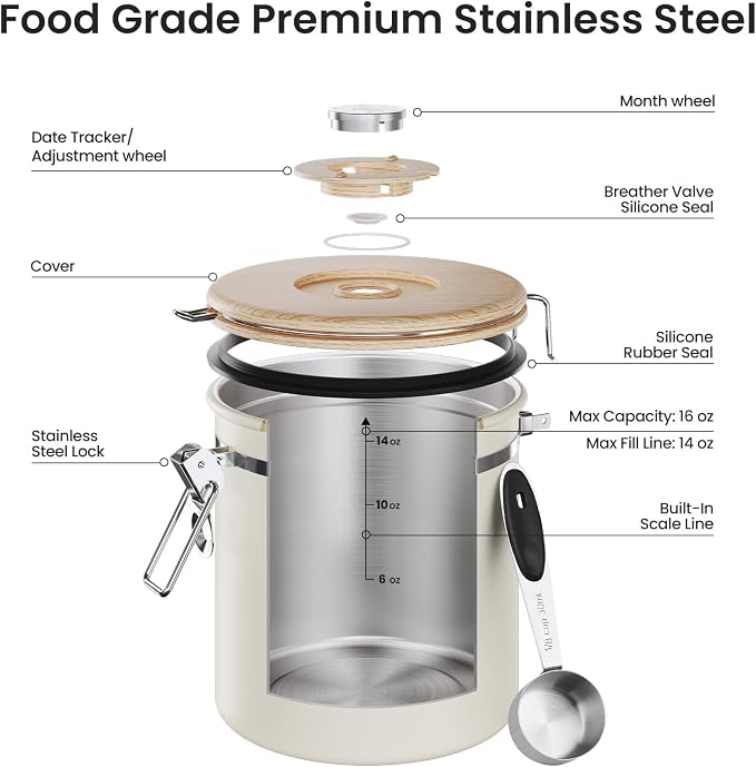 Veken Coffee Canister, Airtight Stainless Steel Food Storage Container,16OZ | Date Tracker, Kitchen Jars for Beans,Ground, Espresso, Rice,Tea, Sugar,Cereal,Cookie, Bar Accessories,Gifts, Lids,Scoop,Cream