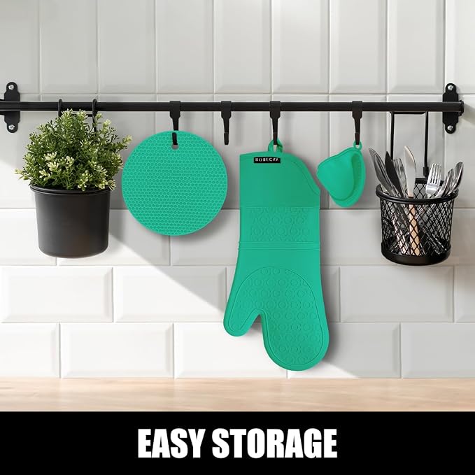 RORECAY Silicone Oven Mitts and Pot Holders Sets, Gloves for Kitchen, Green | Set of 6 Kitchen Mitts for Baking & Cooking, Heat Resistant 500 ℉, 15" Extra Long, Non-Slip & Waterproof, Quilted Cotton