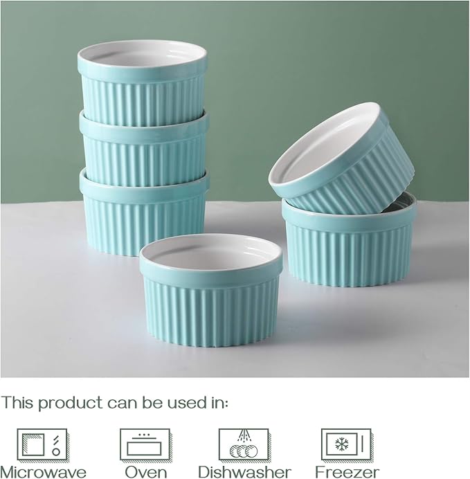 DOWAN 10 oz Porcelain Ramekins - Oven Safe for Creme Brulee & Souffle, Classic Style Baking Bowls, Set of 6, Blue