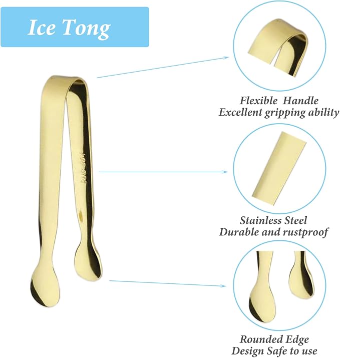 6PCS Ice Tongs Mini Sugar Tongs 4.25Inch Stainless Steel Small Serving Tongs, Small Kitchen Tiny Tongs for Appetizers,Tea Party, Coffee Bar, Desserts (Gold)