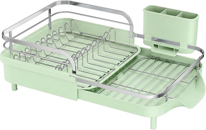 SAYZH Expandable Dish Drying Rack for Small Kitchen Counter, Green | Stainless Steel, Protective Guardrail, Angled Drainboard, Fits High-Rim Sinks, Removable Utensil Holder